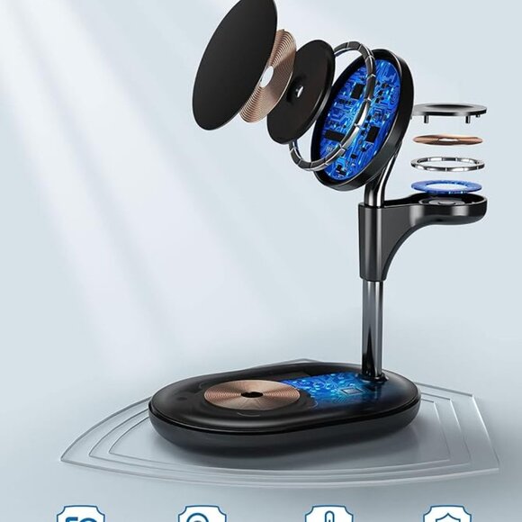 HEVANTO 3 in 1 Wireless Charging Station, Black, 15W Fast Mag-Safe Charger ~ NEW - Picture 4 of 6